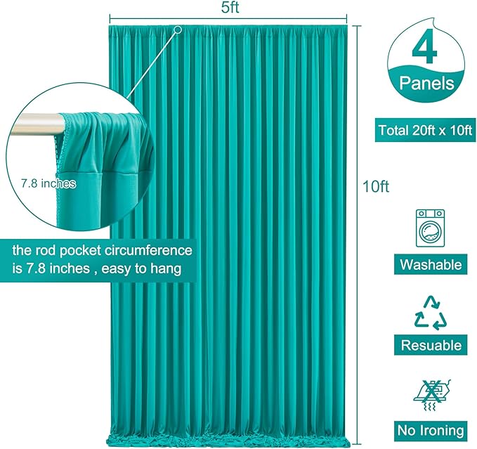 4 Panels Turquoise Backdrop Curtain for Parties Wrinkle Free Photo Backdrops Drapes Background Fabric Decoration for Baby Shower Wedding Birthday Party 20ft(W) x 10ft(H)