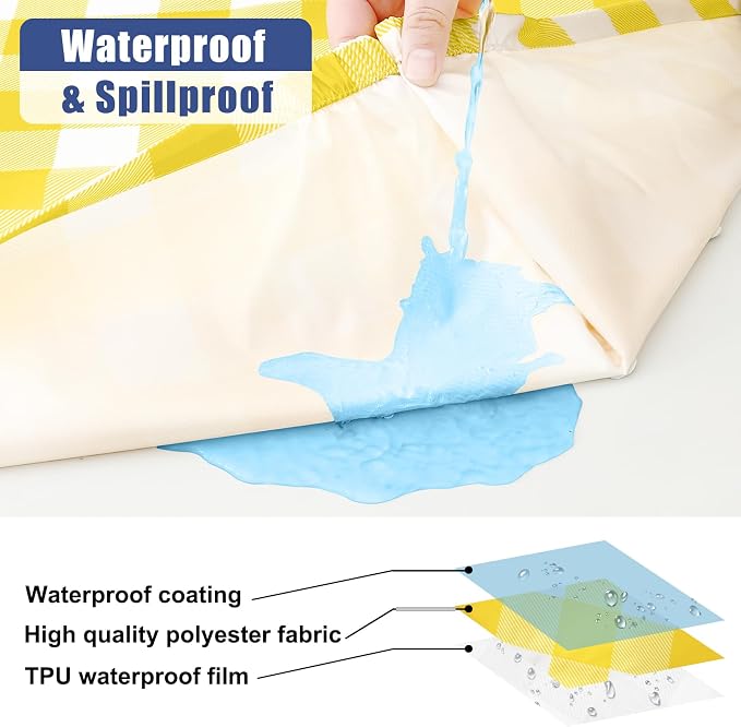 Smiry Picnic Table Cloth 4 Pack, Waterproof Elastic Fitted Tablecloths for 8FT Rectangle Tables, Washable Polyester Buffalo Plaid Tablecloth for Camping, Dining & Outdoor (Yellow & White, 30" x 96")