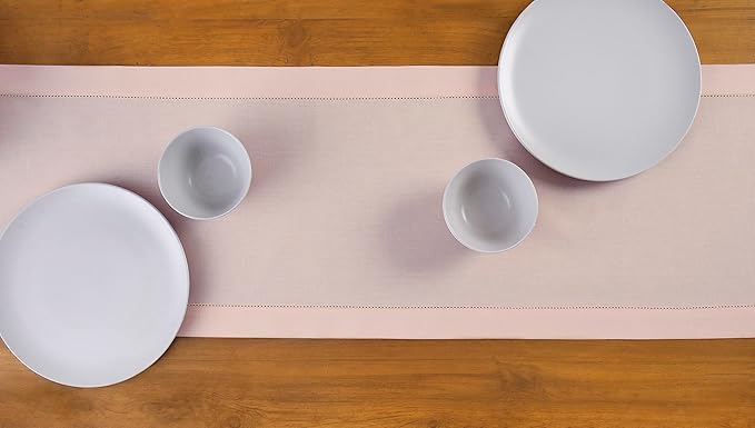 Solino Home Pink Hemstitch Table Runner 48 Inches - Cotton Linen Small Table Runner 14 x 48 Inch Ideal for Dresser and Coffee Tables - Mothers Day, Spring, Summer