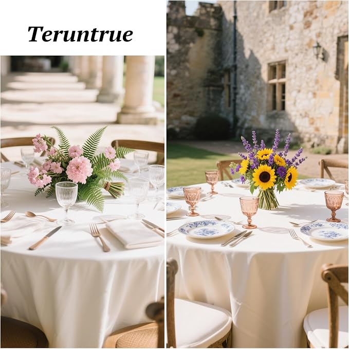 Teruntrue 12 Packs Ivory Round Tablecloths 90 inch Round Table Cloth, Washable Polyester Fabric for Wedding Parties Banquet Holiday Dinner Table Decorative, Ivory