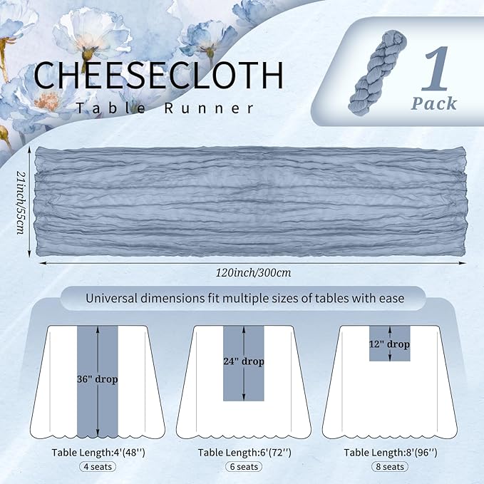 1 Pack Cheesecloth Table Runner 10FT Dusty Blue Table Runner Boho Gauze Cheese Cloth Table Runners Long Rustic Sheer Table Decorations for Wedding Party Baby Bridal Shower Birthday Holiday Home