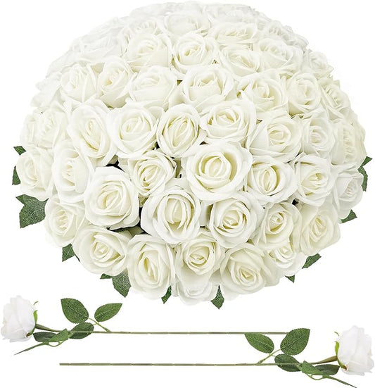 90 Pcs White Velvet Rose Artificial Flowers with Long Stems, Fake Silk Roses Real Touch Fake Roses Florals for Birthday Wedding Bouquet Party Arrangement Decorations