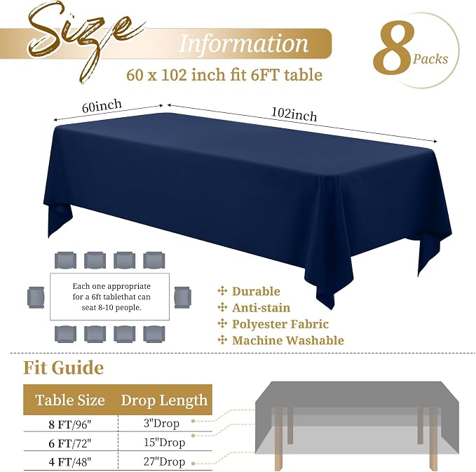 Showgeous 8 Pack Navy Blue Rectangle Tablecloths, 60 x 102 Inch, Wrinkle & Stain Resistant, Polyester, Perfect for 6ft Table, Weddings, Parties