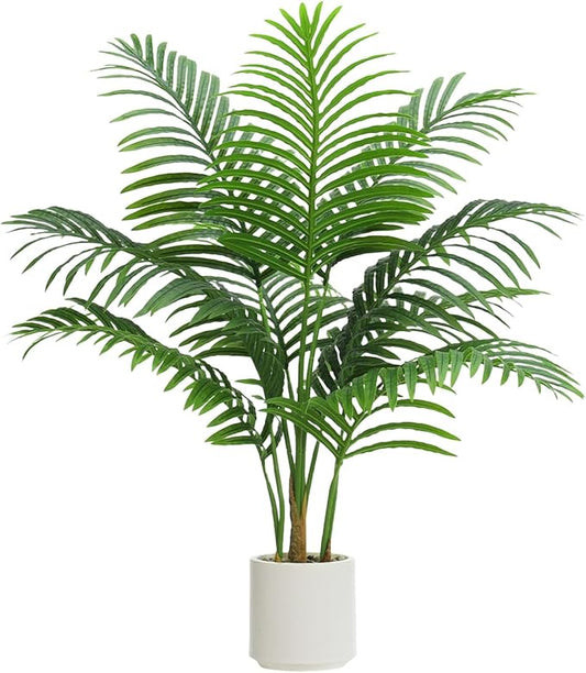 Artificial Palm Tree 3FT Faux Plants Indoor Tropical Fake Palm Tree Areca Floor Plant in White Pot with 9 Trunks & Real Bark Design, Faux Palm Plant for Outdoor Patio Home Room Office Decor