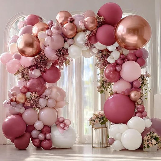 Dusty Rose Pink Balloon Garland Double Stuffed Dark Pink Mauve Pearl White Latex Balloons Blush Cream Balloon Arch Kit for Birthday Bridal Baby Shower Wedding Mother's Day Party Decorations