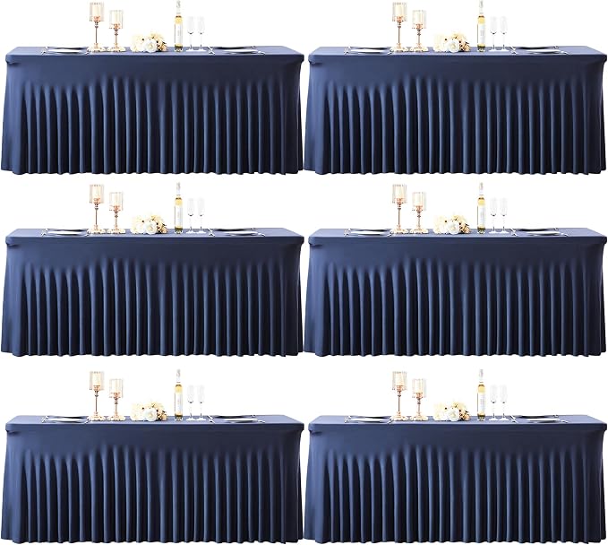 6 Pack 8ft Navy Blue Spandex Table Cloths for Rectangle Tables Wrinkle Free Rectangle Tablecloths, Stretch Fitted Table Cover with Skirt for Birthday Party Wedding Banquet Baby Shower Buffet Event