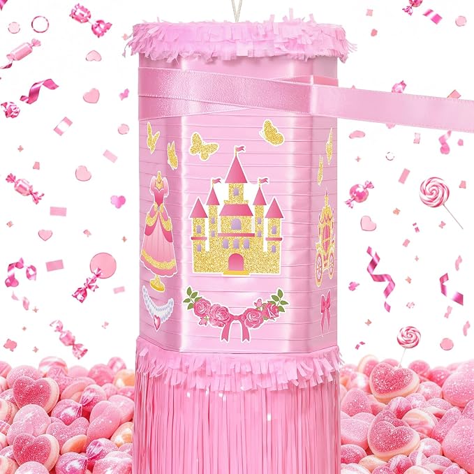 WERNNSAI Princess Spinning Piñata - Spinning Piñata with Pull String, DIY Stickers, Girl Piñata for Princess Birthday Party Decorations Summer Party Carnivals Games Supplies (13" x 7.9" x 7.9")