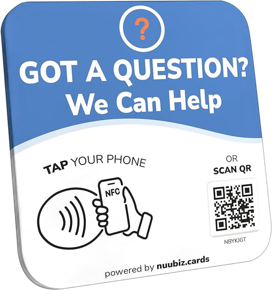 NFC Business QR Code Sign Plate for Customer Q&A – Drive Offline Engagement Online – Works Like Review Tap Card & Social Media Sign – No App or Fees – Includes Stand or Adhesive