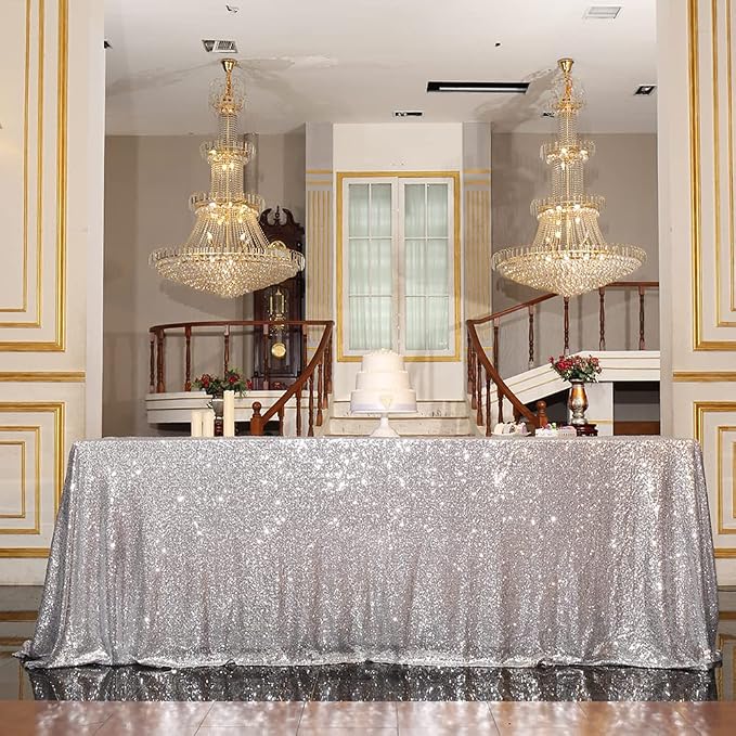 Eternal Beauty Silver Tablecloth, 90x132 Inch Sequin Rectangle Glitter Table Cover for Cake Dessert Exhibition Party Birthday Events