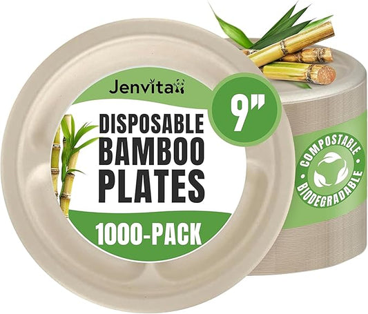 Bamboo Paper Divided Plates Disposable (1000-Pack, 9-inch) - Sturdy & Microwave Safe | Compostable Plates with Compartments | PFAS Free, Biodegradable | FSC Certified Alternative to Plastic