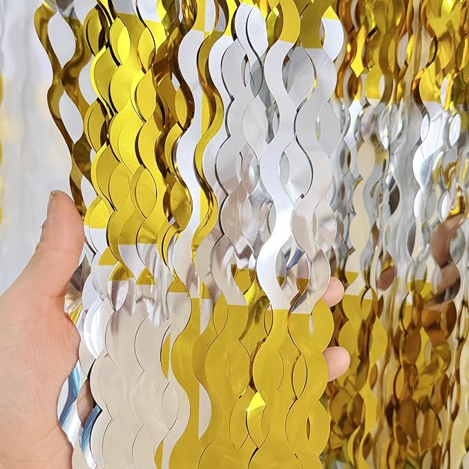 GOER Metallic Tinsel Foil Fringe Curtains Party Photo Backdrop Party Streamers for Birthday,Graduation,New Year Eve Decorations Wedding Decor (2 Packs,Gold&Silver)