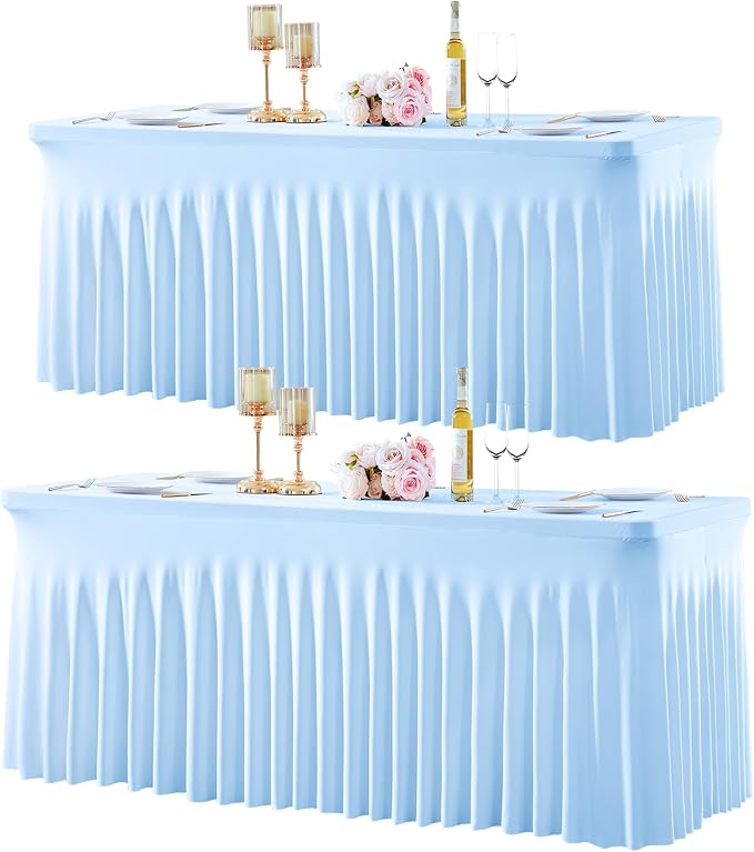 gogoparti 2 Pack Spandex Baby Blue Fitted Table Cloth for 6ft Rectangle Tables Light Blue Stretch Tablecloth Banquet Table Covers Wrinkle Free Tablecloths for Parties Wedding