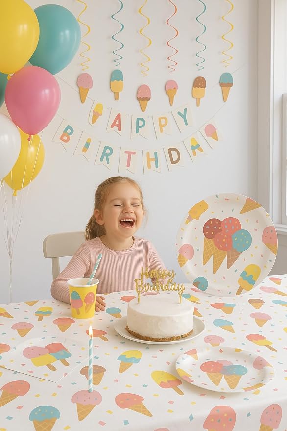 Serves 24 Complete Ice Cream Party Supplies Includes Plates Napkins, Table Covers, Balloons, Swirls, Happy Birthday Banner, Cake Topper, Candles, Straws Ideal for Ice Cream Popsicle Theme Party
