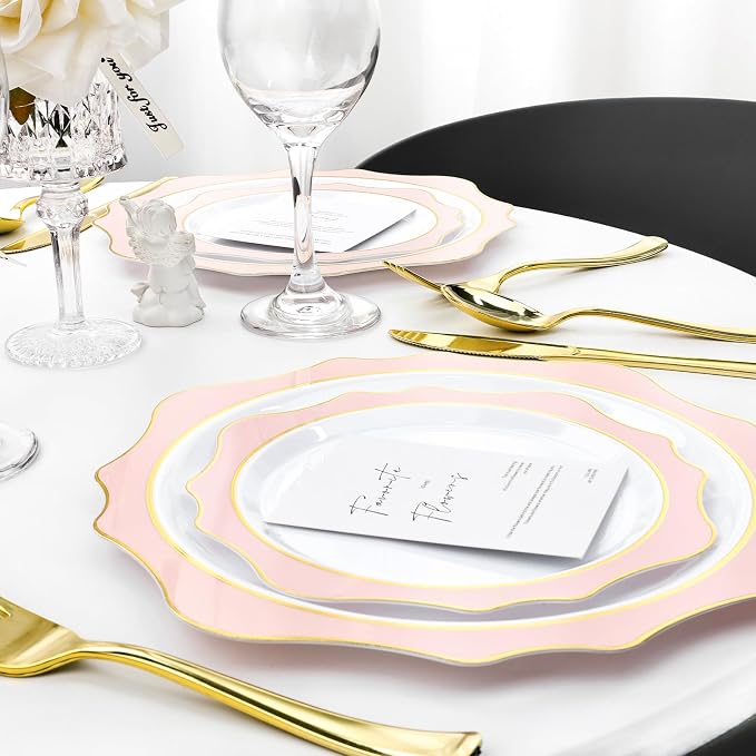 realluck 100 PCS White and Pink Disposable Plates for 50 Guests, Scalloped Plastic Plates Include 50 Dinner Plates and 50 Dessert Plates for Party, Wedding and Graduation