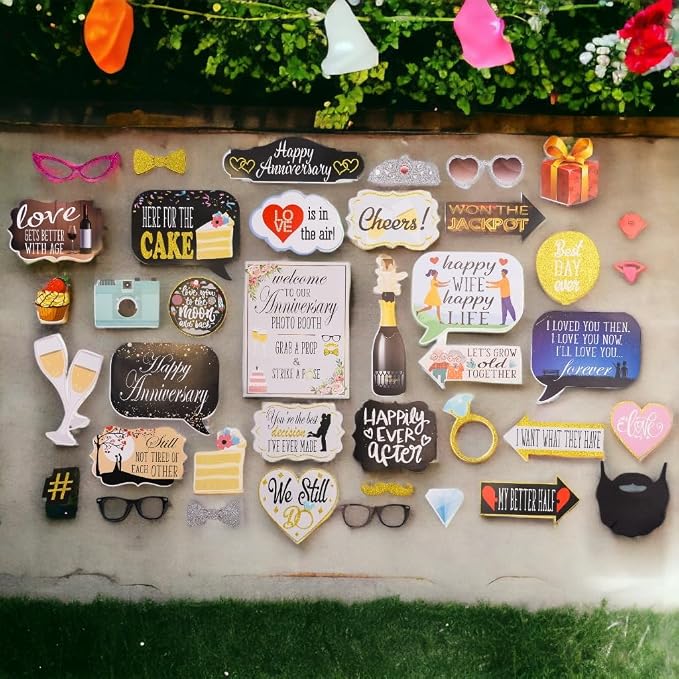 Anniversary Photo Booth Props - 41-pc Photobooth Kit with 8 x 10-Inch Sign, 60 Adhesive Pads, 45 Sticks - Wedding Anniversary Photo Props - Wedding Photo Booth Props