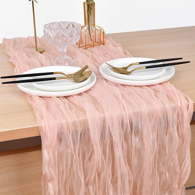 Joanlody Peach Cheesecloth Table Runner Spring Summer 10Ft Rustic Gauze Boho Cheese Cloth Table Runner for Wedding Bridal Baby Shower Decoration 4 Pack