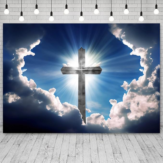 15x10ft Christian Cross Backdrop Heaven Sky White Clouds Photography Background Holy Crucifix Lord Pray Religious Church Event Easter Banner Decorations Baby Shower Portrait Photo Booth Prop