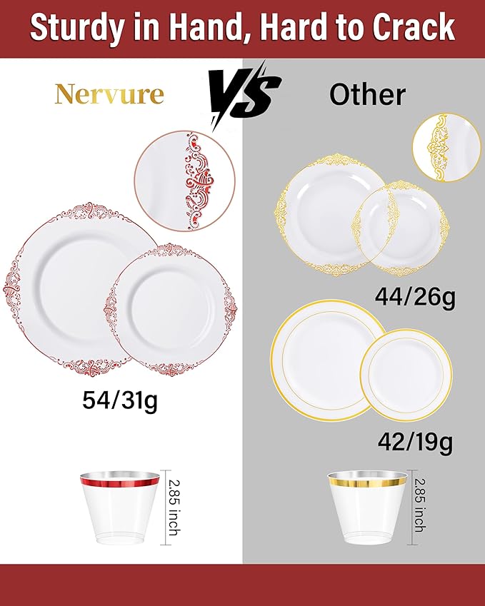 Nervure 175PCS Red Plastic Plates - White Red Plastic Dinnerware Sets for 25 Guests - 50 Red Disposable Plates, 25 Pre Rolled Cutlery Set, 25 Cups Perfect for Wedding, Party & Mother's Day