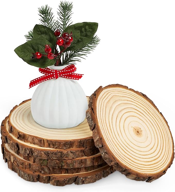 Large Unfinished Natural Wood Slices - 6 Pcs Natural Round Discs Rustic Wood Slices 7.1-7.9 Inch Wooden Tree Bark Discs for DIY Crafts Centerpieces Table Base Decoration Wedding Ornaments Coasters