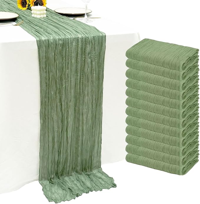 12Pack Sage Green Cheese Cloth Table Runner 10Ft Cheesecloth Table Runner Boho Gauze Table Runners Sage Green Wedding Decor for Party Bridal Shower Thanksgiving Christmas
