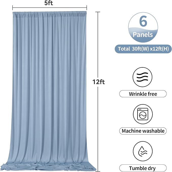 30ftx12ft Dusty Blue Backdrop Curtains for Parties, Wrinkle Free Polyester Photo Backdrop Drapes 6 Panels 12 ft Long Back Drop Cloth for Wedding Birthday Photography Background Party