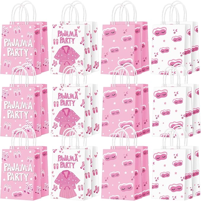 Outus 24 Pcs Sleepover Party Paper Bags Pink Slumber Glamper Pajama Favor Bags with Handle for Birthday Sleepover Breast Cancer Awareness Party Favors