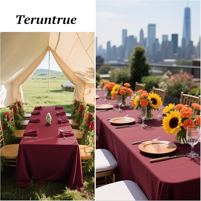 Teruntrue 12 Packs Burgundy Tablecloths 60x102 inch Rectangle Table Cloth for 6 Foot Rectangle Tables, Washable Polyester Fabric for Wedding Parties Banquet Holiday Dinner Table Decorative, Burgundy