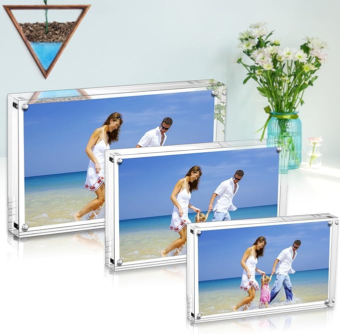 AMEITECH Acrylic Picture Frames 3 Pack, 4x6'' Clear Double Sided Block Set, Desktop Frameless Magnetic Photo Frame