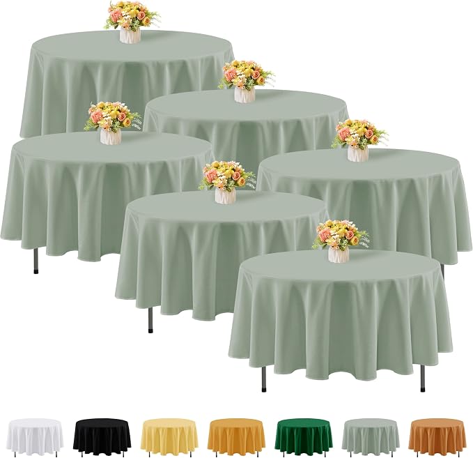 Fitable 6 Pack Sage Green Round Tablecloths - 70 Inches Round - Wrinkle and Stain Resistant Fabric Table Clothes, Washable Polyester Table Covers for Wedding, Party, Banquet, Formal Events