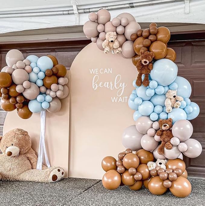 Blue Brown Nude Balloon Garland Double Stuffed Dusty Blue Coffee Pastel Balloon Kit for Teddy Bear Baby Shower Boy Birthday Gender Reveal Boho Theme Party Decorations