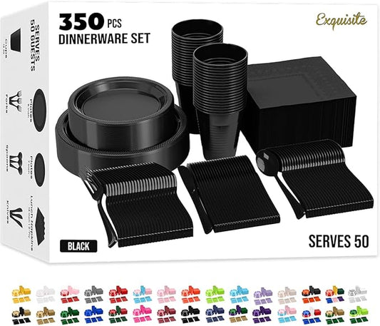 350 Pcs Black Plastic Plates For Party, Black Disposable Plates Set, 50 Of Each 9" Dinner Plate Set, 7" Dessert Plate, Cups, Napkins & Cutlery Plastic Dinnerware Set Exquisite