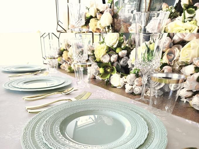 OCCASIONS 240pc Heavy Duty Disposable Plastic Plates Set for 120 Guests – 120 Dinner (11") & 120 Salad/Dessert (8.25") Plates – BPA Free, Chateau Mint