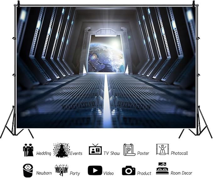 8x6FT Spaceship Interior Backdrop Outer Space Station Galaxy View Science Fiction Theme Photography Background for Kids Adults Birthday Baby Shower Party Decorations Photo Studio Props