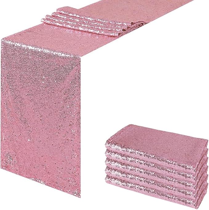 JYFLZQ Rose Pink Sequin Table Runner 12" x 108" Pack of 5 Sparkly Pink Metallic Table Runner Glitter Sequin Runner for Table Birthday Party Event Decorations