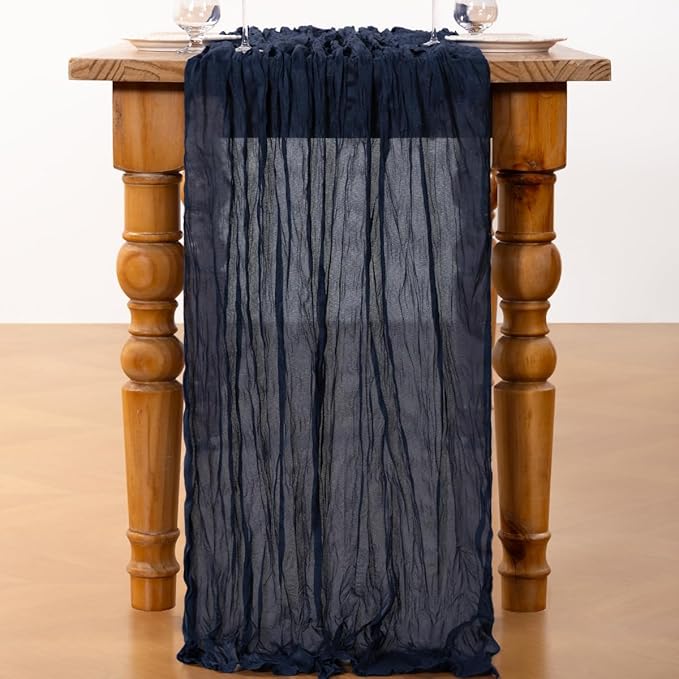 DeZerlor Navy Blue Cheesecloth Table Runner 4 Pack Spring Easter Table Runners Boho Gauze 120 Inches Navy Cheese Cloth Table Decor for Wedding Bridal Baby Shower Parties