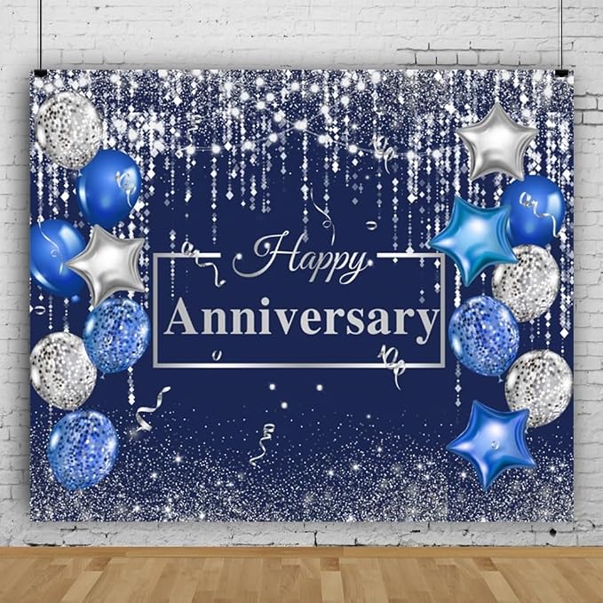Happy Anniversary Backdrop 10x8ft Navy Silver Glitter Diamond Background for Wedding Anniversary Bridal Shower Party Decorations Photo Backdrops Miss to Mrs Photography Background