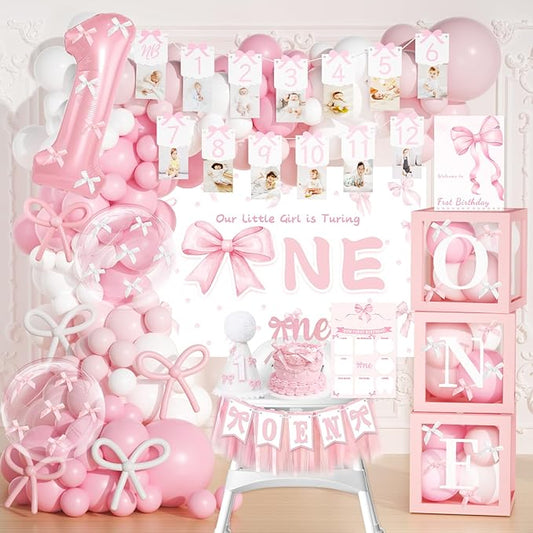 Pink First One Birthday Decorations for Girl,Pink Bow 1st Girls Just Wanna Be One Birthday Decorations with Backdrop Banner Photo Cards Milestone Welcome Poster Topper Balloon Boxes