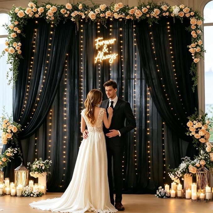 20 x 10ft Black Chiffon Backdrop Curtain with Lights String for Parties,4 Panels Sheer Tulle Curtain Wedding Backdrop for Baby Shower Birthday Party Ceremony Reception Home Decorations