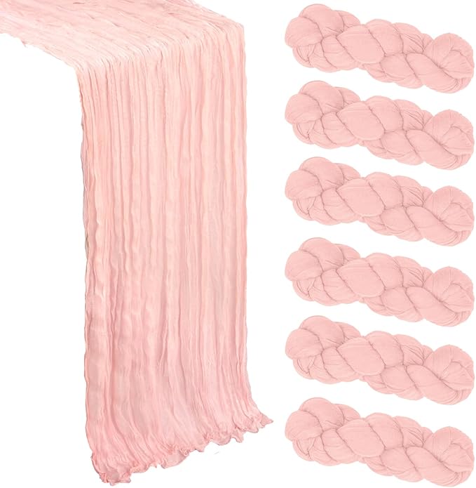 6 Pack Blush Pink Table Runner Cheesecloth 10Ft Spring Gauze Cheese Cloth Table Runner 35x120 Inch Boho Sheer Rustic Fabric for Holiday Party Decor Baby Shower Wedding Decorations