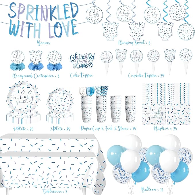 Xynic 205Pcs Baby Sprinkle Decorations Tableware Set Serves 25 Guests Sprinkled with Love Baby Shower with Blue Confetti Plates, Napkins, Tablecloths, Banner, and Cake Toppers for Boy