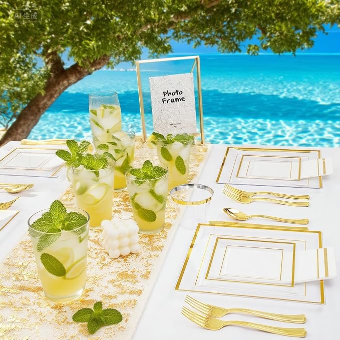 Festiva 350Pcs Clear Plastic Plates with Gold rim - Clear Gold Disposable Dinnerware for 50 Guests include Square Plastic Plates/Cups/Cutlery/Napkins Perfect for Birthday Party&Wedding