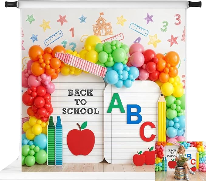 Kate Back to School Photo Backdrop ABC Balloon Arch, 8x8ft | ABC letters, balloon arch, pencil, apple, colorful school party photo background for kids portraits