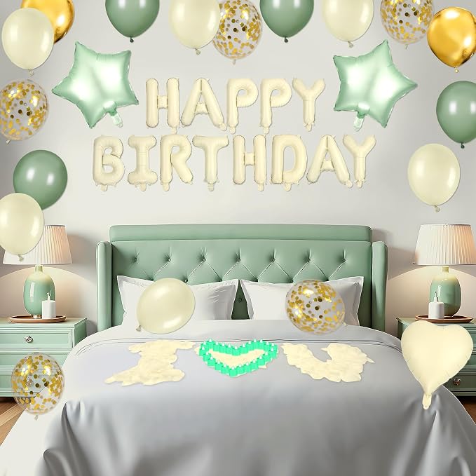 Sage Green Happy Birthday Balloons Decorations Beige Green Birthday Balloon Letters Banner with 4 Pcs Star Balloons Artificial Rose Petal 24 Flameless LED Candles for Room Hotel Party Decor Supplies