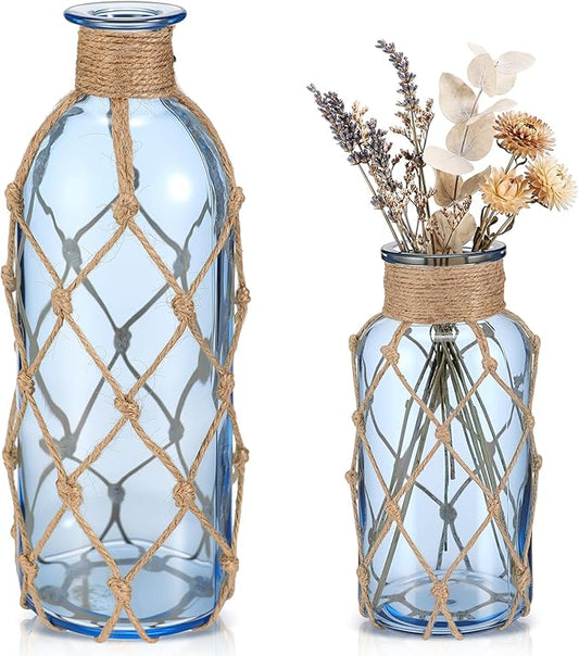 Chuangdi Set of 2 Coastal Glass Vases for Flowers TSITP Flower Vase with Boho Rope Small Sea Glass Jar Nautical Beach Bottle for Wedding Table Centerpieces Floral Arrangement Decor (Light Azure)