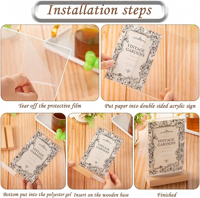 Vinsot 24 Pack 5 x 7 Inch Clear Acrylic Sign with Wood Base T Shape Sign Holder Vertical Blank Stands Desktop Display Plastic Menu Frame Double Sided Stand for Wedding Restaurant Party Decor