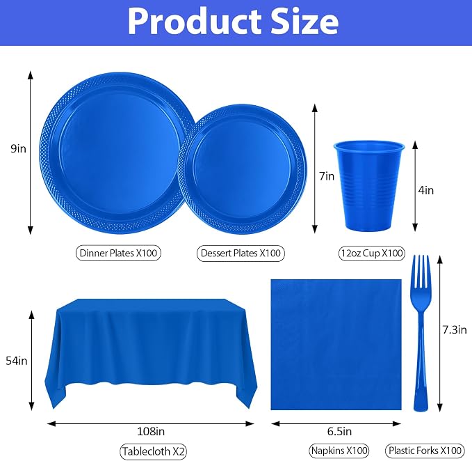 Blue Plastic Plates for Party,100 Guest Disposable Plastic Plate Set 9" Plates,7" Dessert Plates,Napkins,Cups,Forks & Tablecloth for Birthday,Graduation,Picnic,Summer Activities