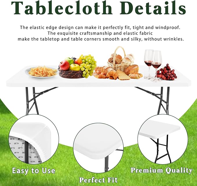 4 Pack Picnic Table Cover Fitted Tablecloths 8 Foot Rectangle Tables Elastic Waterproof Stretch Washable Patio Folding Outdoor Spandex Table Cloth for Camping Banquet and Parties (White,30" x 96")