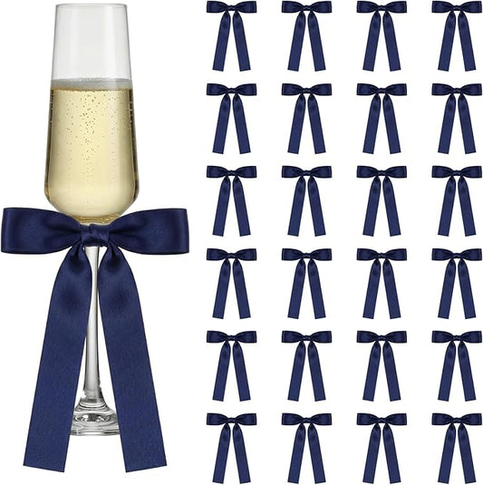 Jingmore 24 Pack Bows for Champagne Glasses Candle Holder 6.7 x 4 Inch Bow Drink Tags Wine Glass Candlestick Ribbon Self Adhesive Name Marker for Wedding Anniversary Party Gift Decor(Navy Blue)