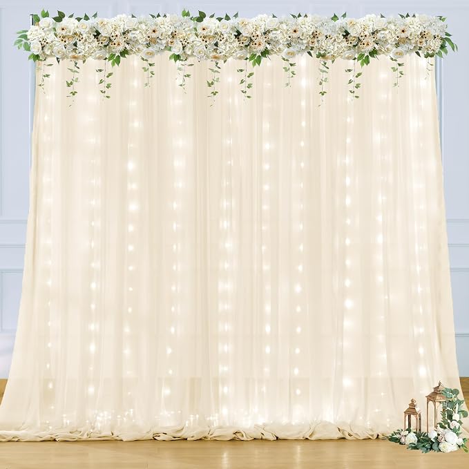20ft x 10ft Ivory Chiffon Backdrop Curtain with Lights String for Parties,4 Panels Sheer Tulle Curtain Wedding Backdrop for Baby Shower Birthday Party Ceremony Reception Home Decorations