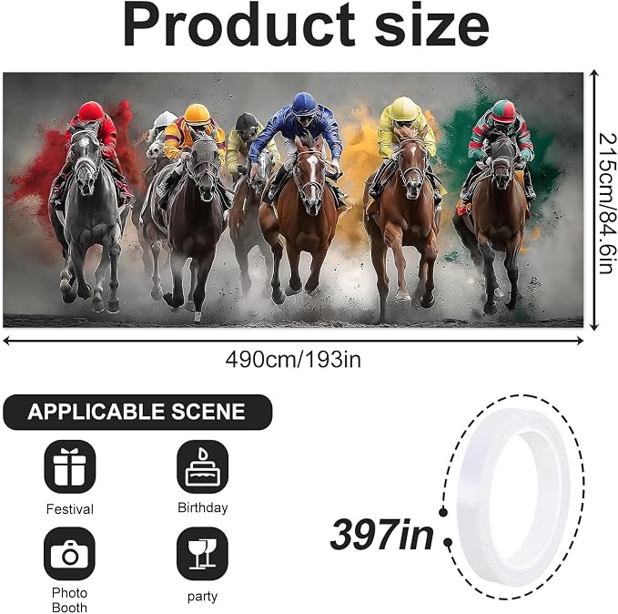 Horse Racing Garage Door Banner Cover 7x16FT Waterproof –Kentucky Derby Backdrop with Jockeys,Indoor Outdoor Decor for Derby Party,Sports Events,Photo Booth & Race Day Celebration